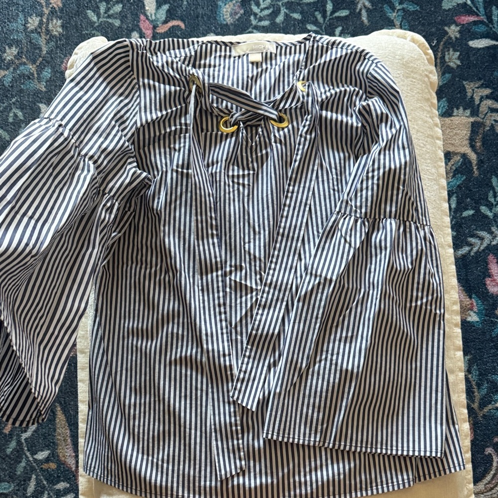 Michaels Navy & White Striped Lace-Up Top with Gold Eyelets